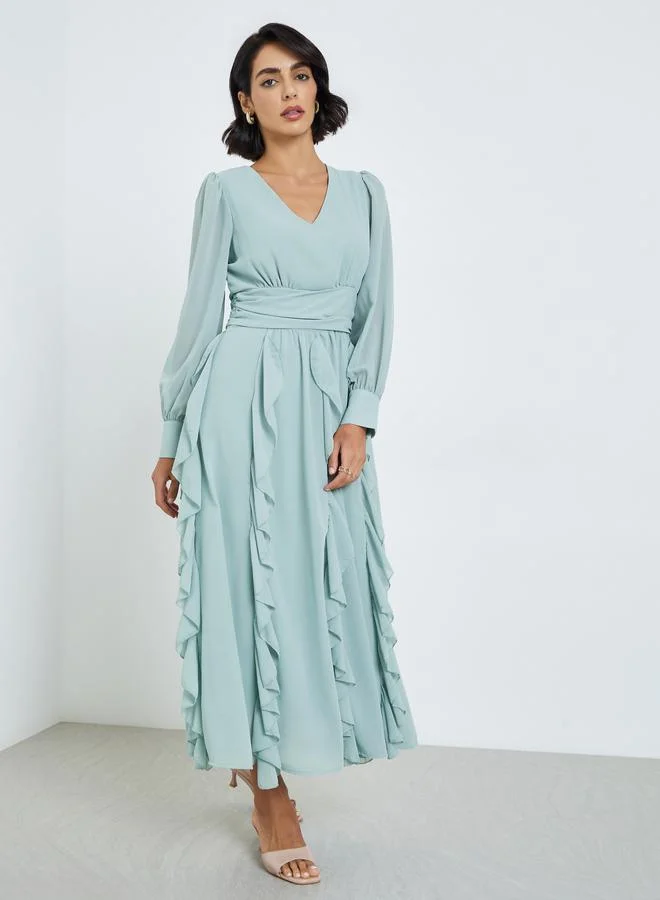 Styli Women Green Ruffle Detail A-Line Midi Dress